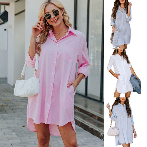 Damen Hemdblusenkleid mit praktischen Taschen und abgerundetem Saum W&W Mode