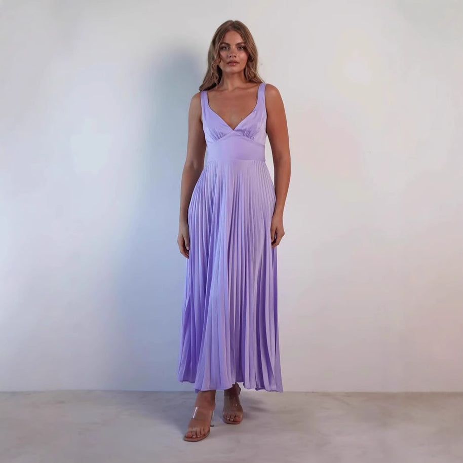 Damen Plissiertes Maxikleid mit V-Ausschnitt und schwingendem Rock WW