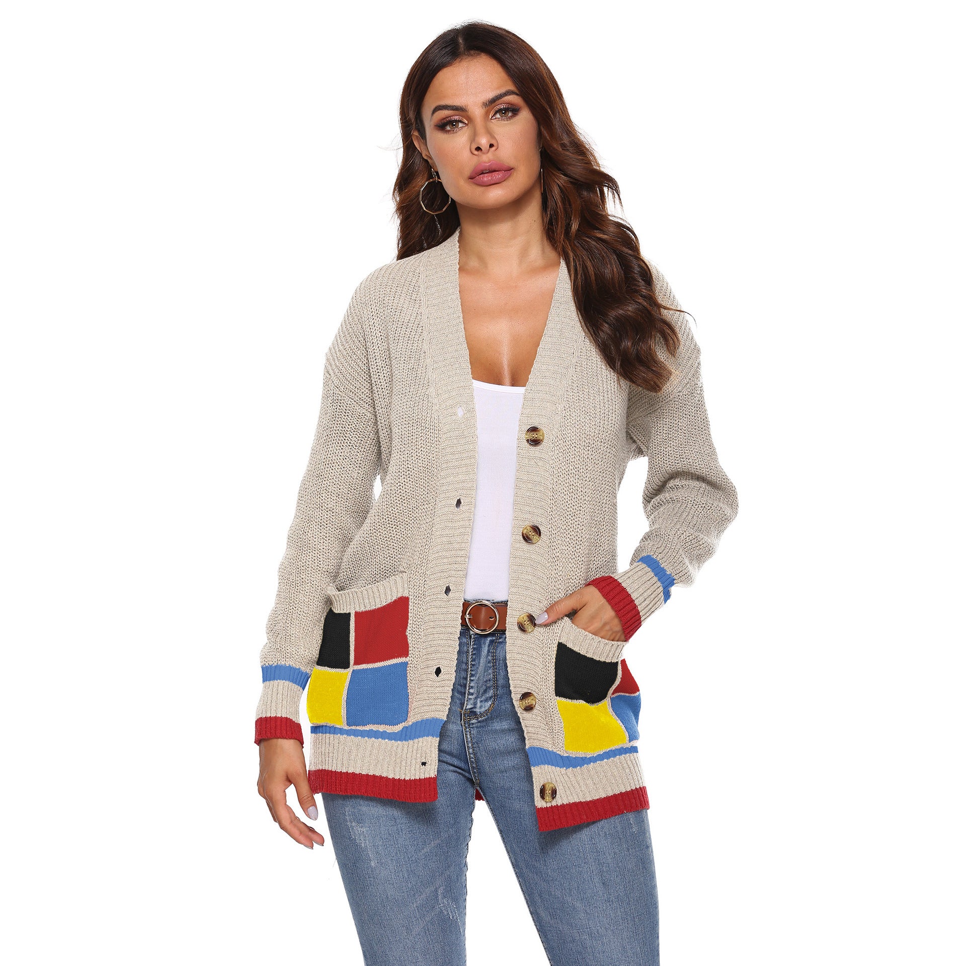 Damen Strickjacke mit bunten Akzentdetails und großen Knöpfen WW