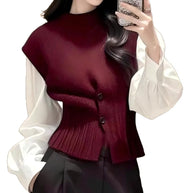 Damen Strickweste mit Rollkragen und Sichtbarem Knopfverschluss WW