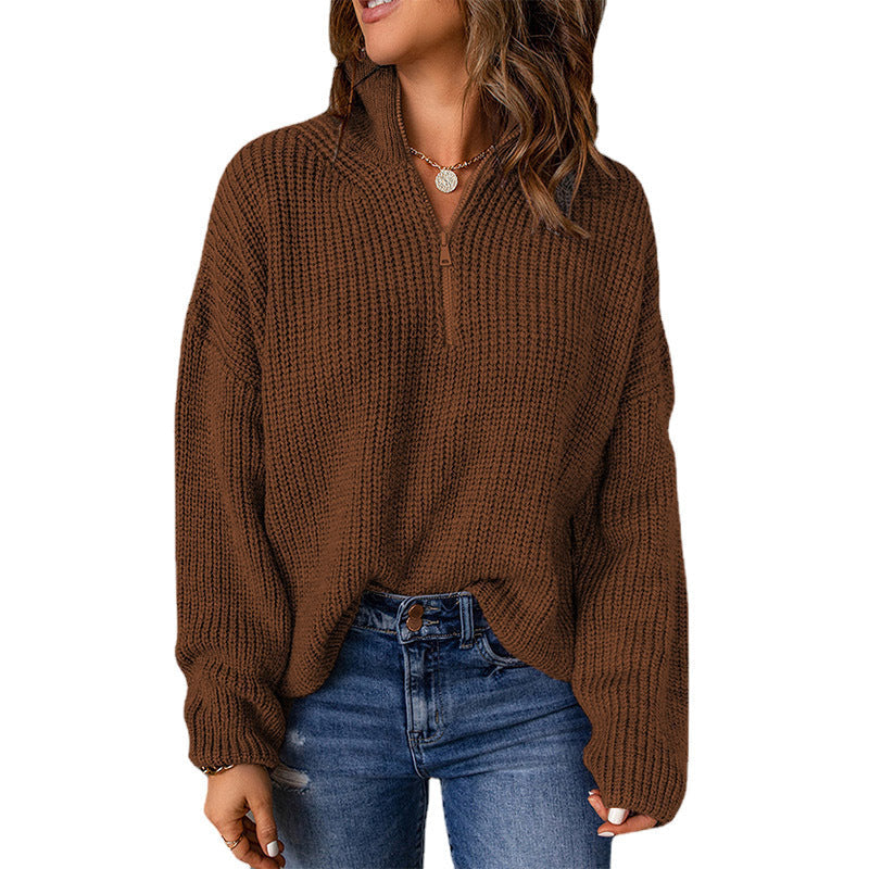 Damen Grober Strickpullover mit Stehkragen und Reißverschluss W&W Mode