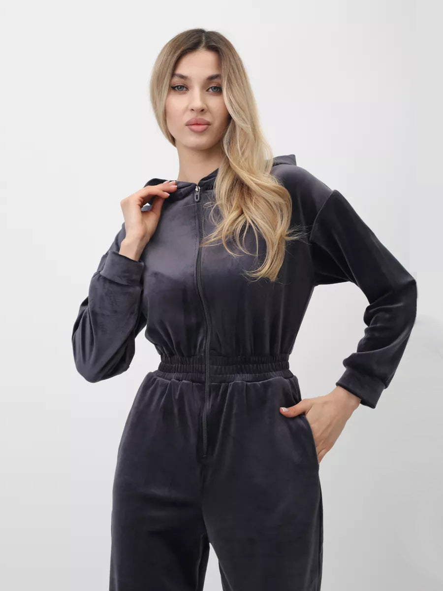 Damen sportlicher Fleece-Jumpsuit mit durchgehendem Reißverschluss WW
