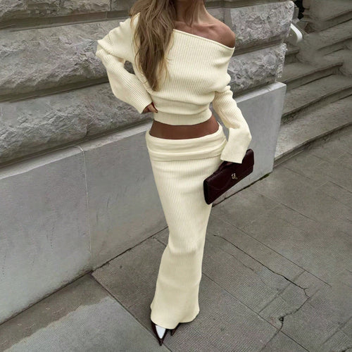 Damen Strick-Set mit schulterfreiem Oberteil und schickem Maxi-Rock WW