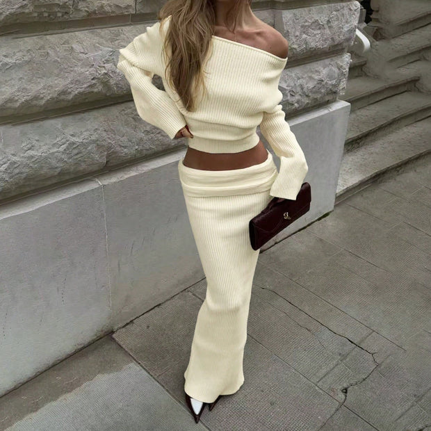 Damen Strick-Set mit schulterfreiem Oberteil und schickem Maxi-Rock WW