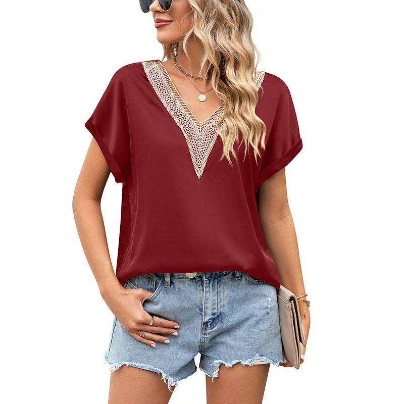 Damen Bluse mit tiefem V-Ausschnitt und Häkelakzenten WW