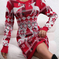 Damen Strickkleid mit festlichem Muster und Rundhalsausschnitt WW