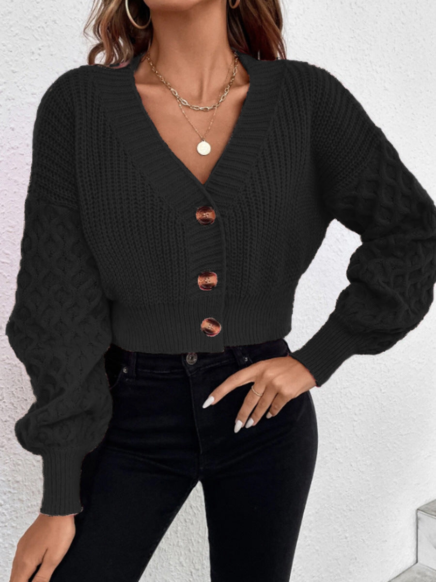 Damen Strickjacke mit tiefem V-Ausschnitt und Puffärmeln WW
