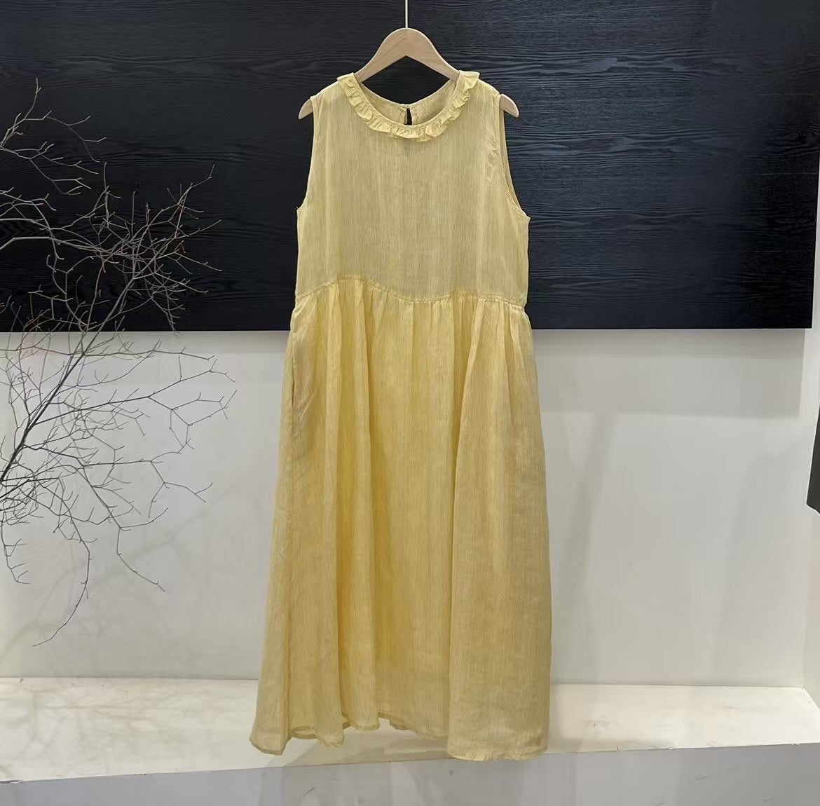 Damen Relaxed Fit Rüsch-Leinen-Maxi-Kleid WW