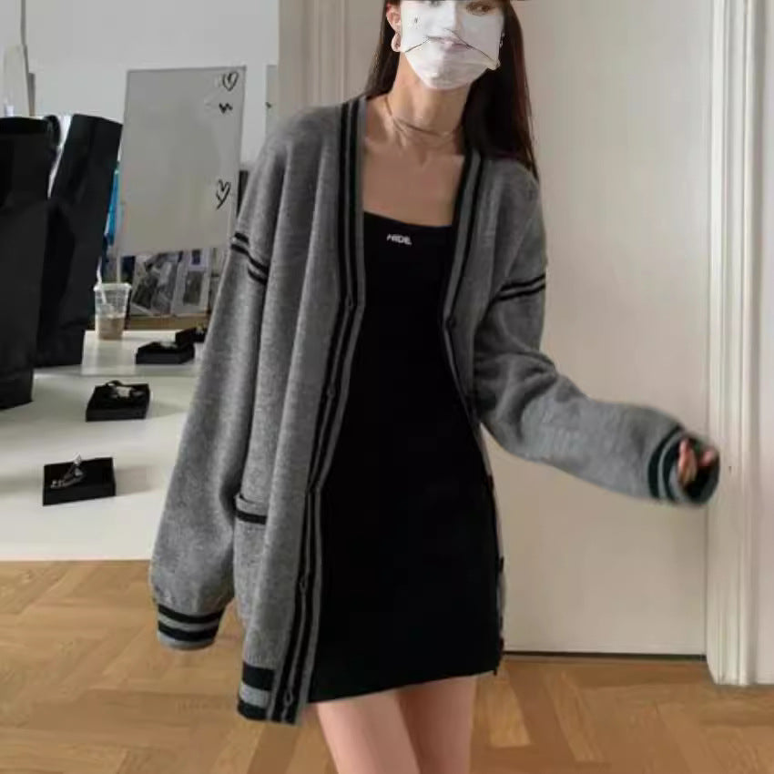 Damen bequeme Strickjacke mit lässigem Schnitt und dekorativem Streifen WW