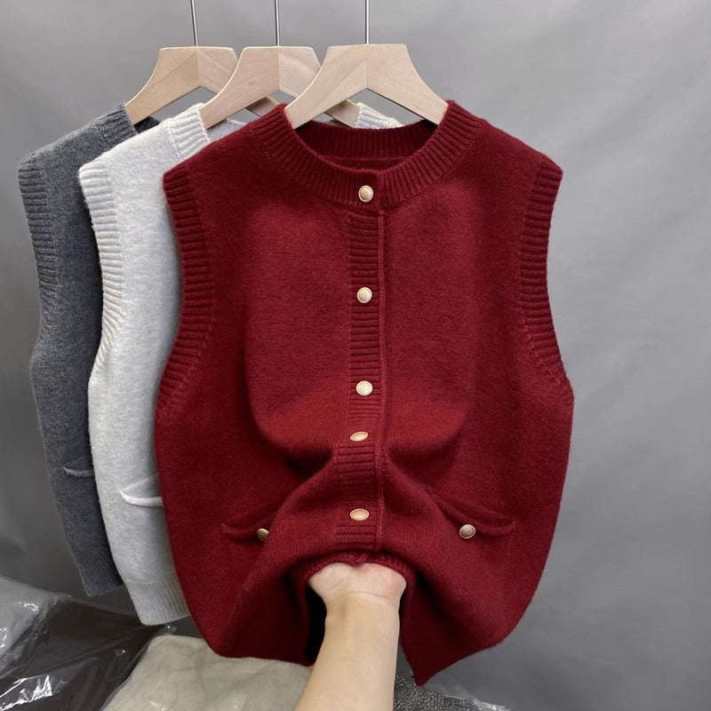 Damen Strickweste mit Knopfdetails und seitlichen Taschen WW