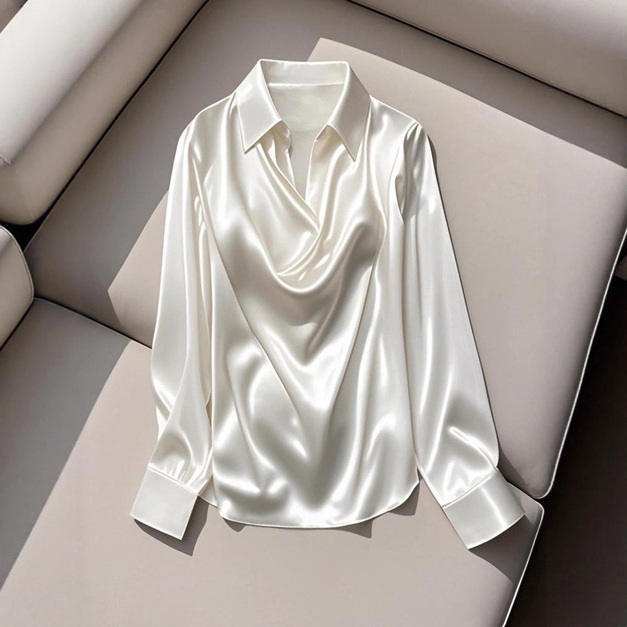Damen Seidene Bluse mit schickem Wasserfall-Ausschnitt und lange Ärmel WW