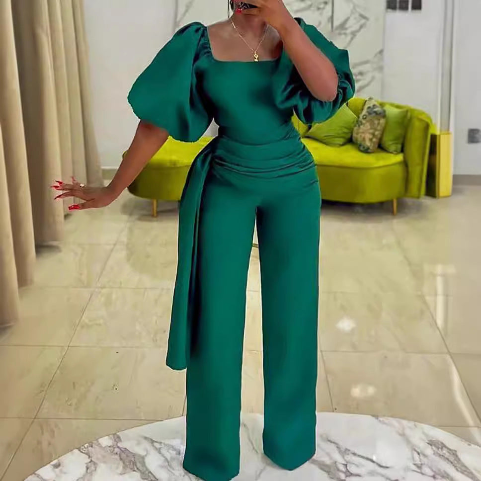 Damen Elegantes Jumpsuit mit Puffärmeln und Taillengürtel WW