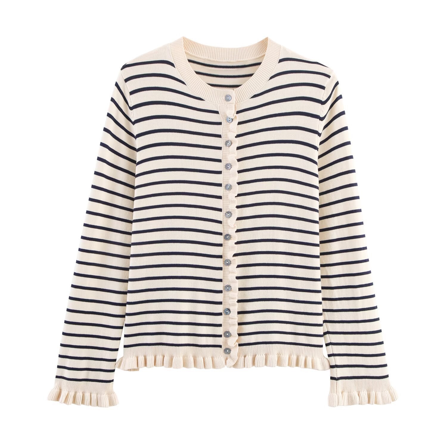 Damen Strickjacke mit dezentem Rüschendetail und hochwertigen Knopfverzierungen WW