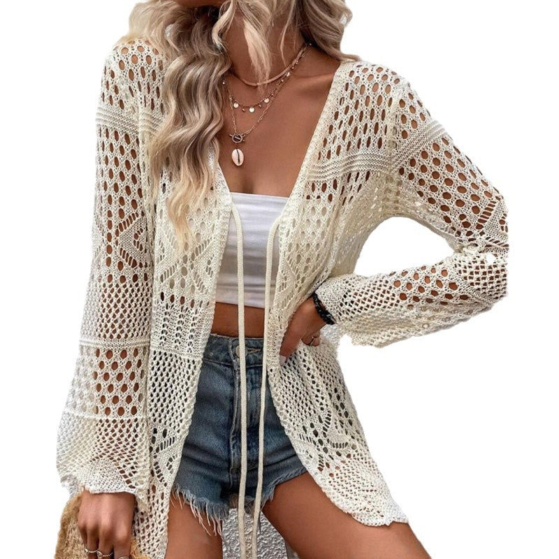 Damen Strick-Cardigan mit offenen Maschen und Binde-Detail WW