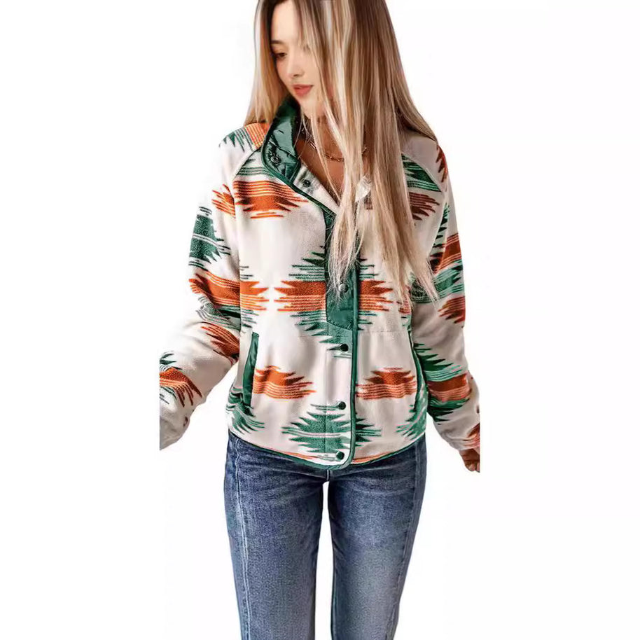 Damen bequemes Fleece-Jacke mit modischem Muster und praktischen Taschen WW