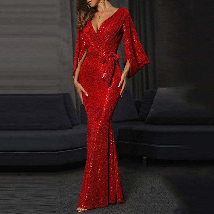Damen glamouröses Pailletten-Abendkleid mit tiefem V-Ausschnitt und eleganten langen Ärmeln W&W Mode