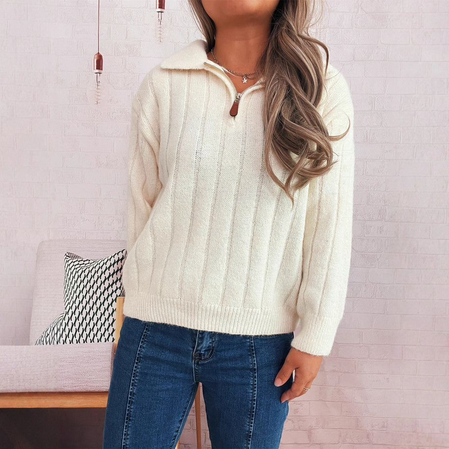 Damen Strickpullover mit kurzer Reißverschlussleiste und Wellenstruktur WW