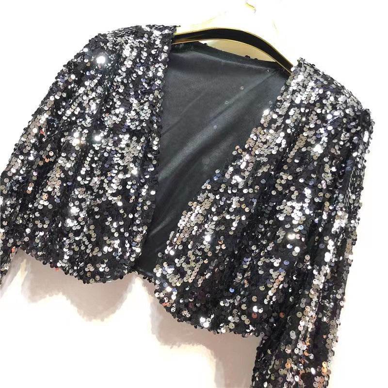Damen Glitzernde Paillettenjacke mit langem Arm und offenem Schnitt WW