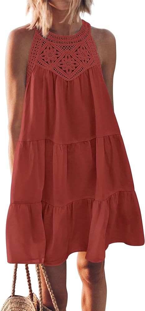Damen Luftiges Sommerkleid mit Spitzenbesatz und weit geschnittenem Saum WW