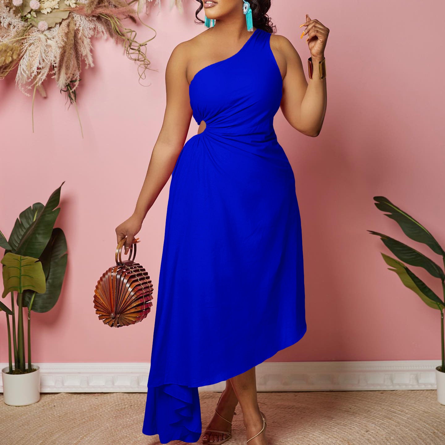 Damen asymmetrisches Wickelkleid mit einem Schulterdesign WW