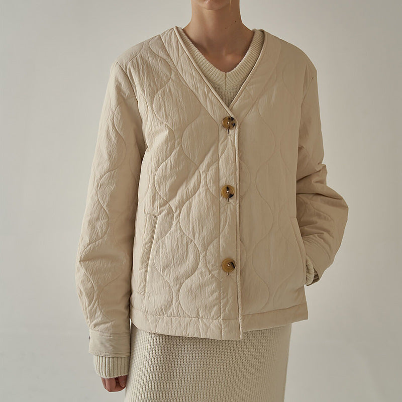 Damen gesteppte Jacke mit elegantem V-Ausschnitt und dekorativen Knöpfen WW