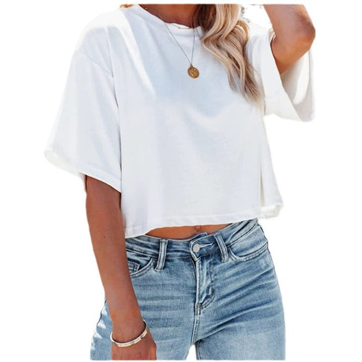 Damen lässiges cropped T-Shirt mit weitem Schnitt und kurzen Ärmeln W&W Mode