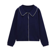 Damen Strickjacke mit dekorativem Kragen und hochwertiger Knopfleiste WW