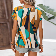 Damen stilvolles Kurzarm-Top mit modernem geometrischen Muster WW
