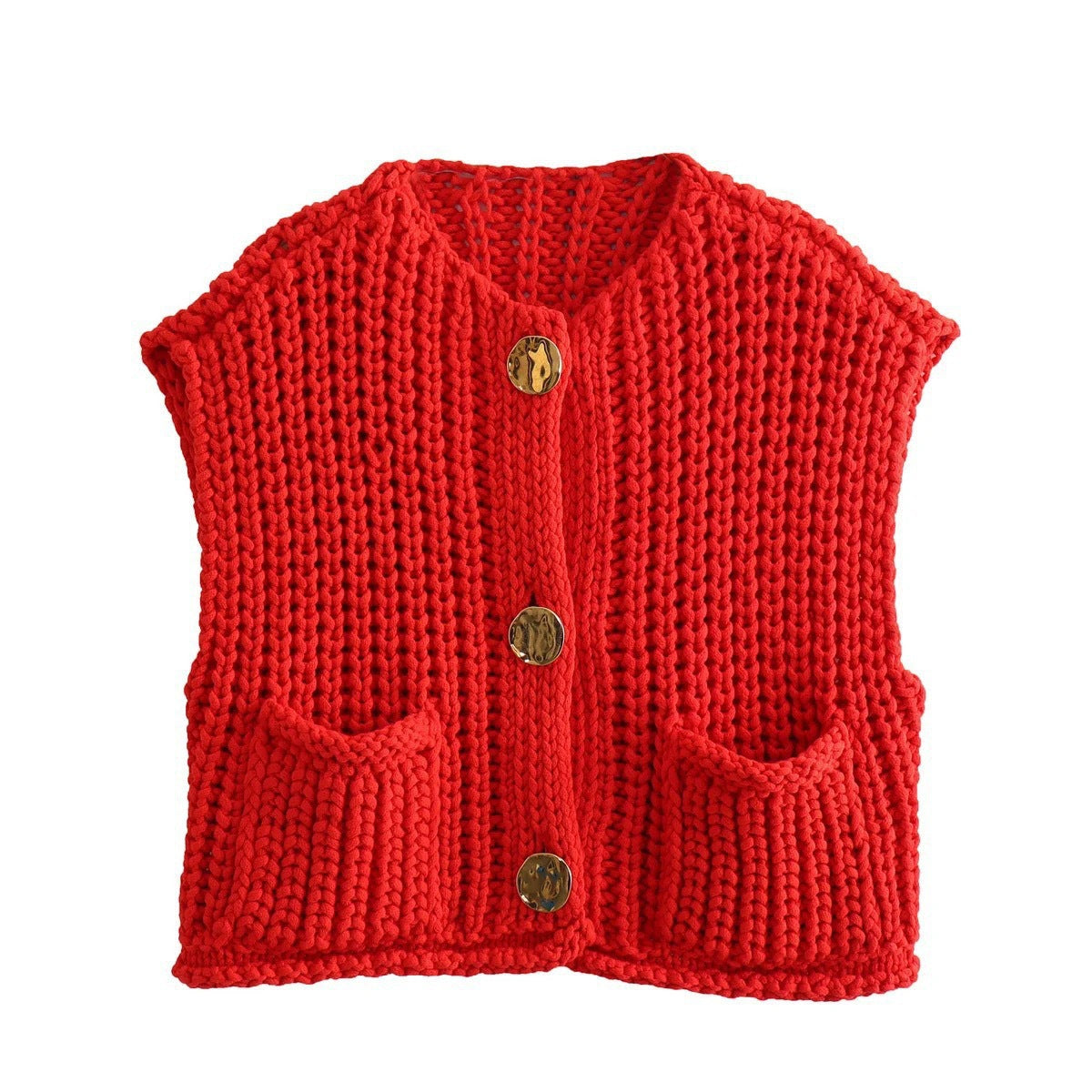 Damen Strickweste mit praktischen Taschen und dekorativen Holzknöpfen WW