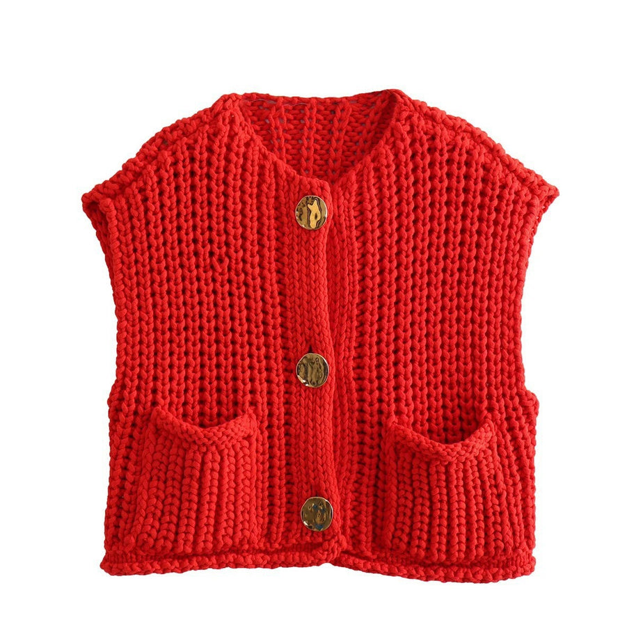 Damen Strickweste mit praktischen Taschen und dekorativen Holzknöpfen WW