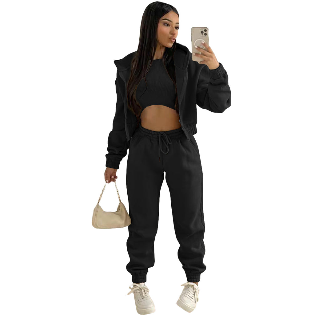 Damen stylischer Sportanzug mit lässiger Kapuzenjacke und elastischen Bundelementen WW