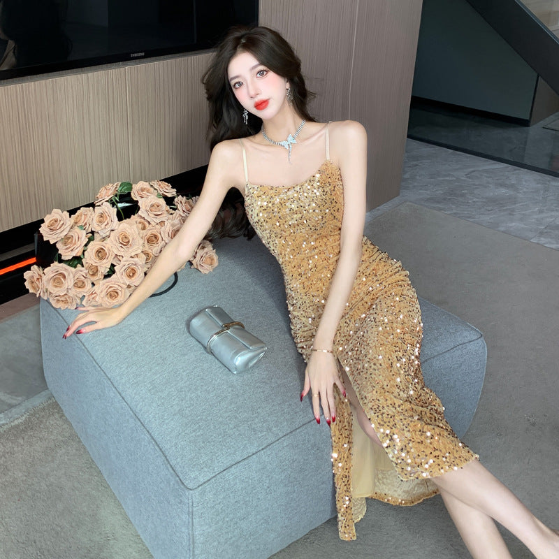 WW | Spaghetti-Träger Heller Glänzender Leichter Luxus Abendkleid