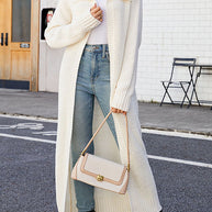 WW Unifarbenes Revers langes Strickcardigan