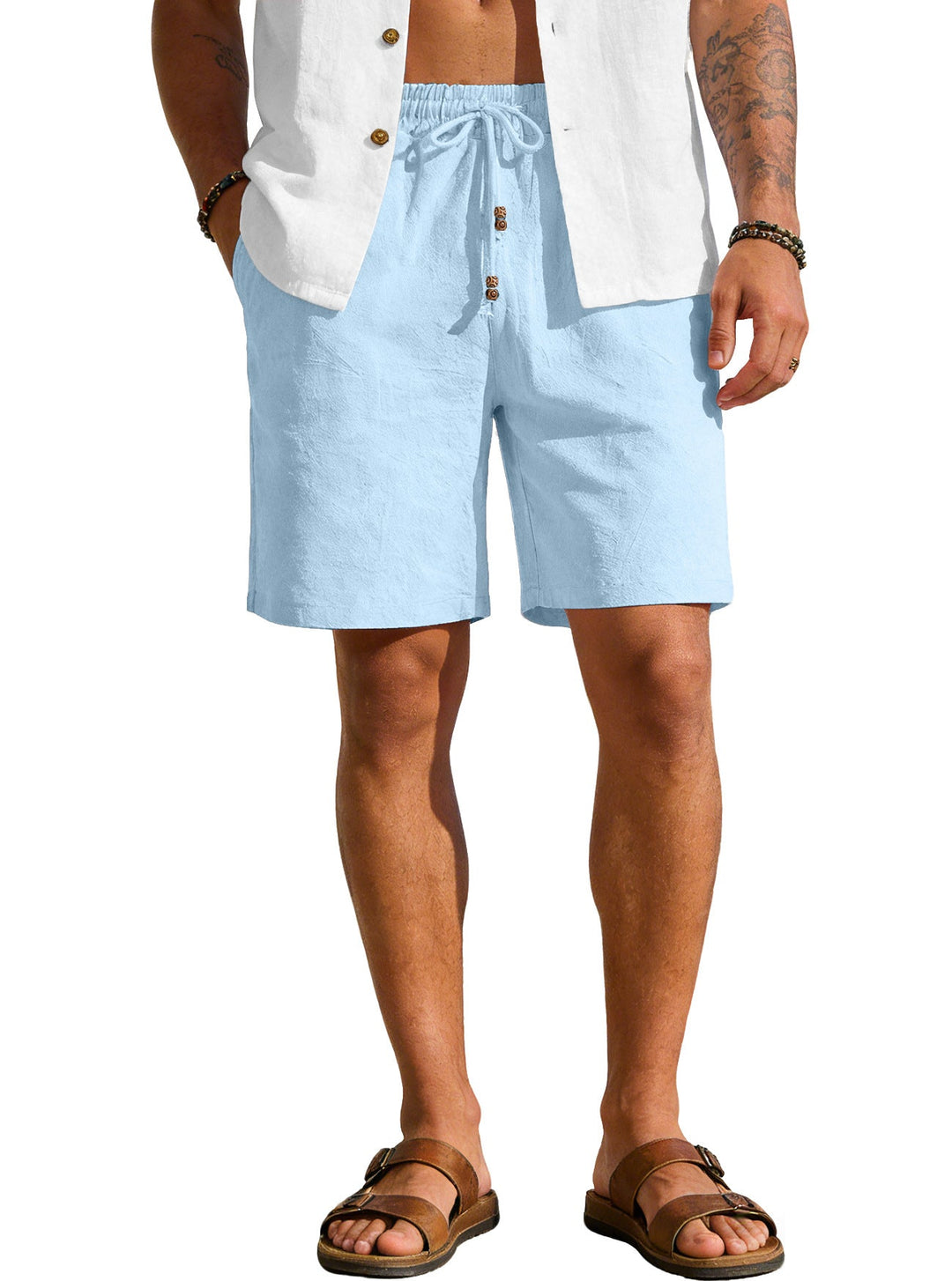 Herren nan leichte Strand-Bermuda aus Leinenmix mit Elastikbund Kordelzug und Zierknopfleiste W&W Mode
