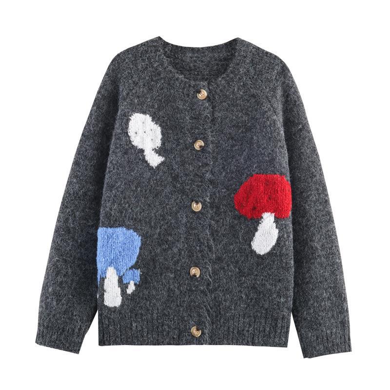 Damen Strickjacke mit bunten Pilzmotiven und bequemen Knopfdetails WW