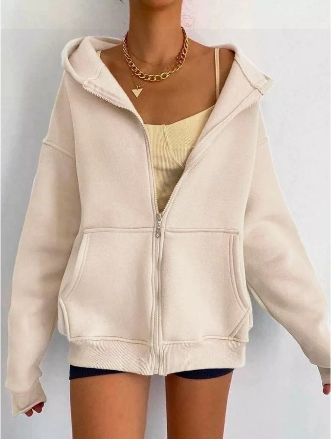 Damen oversized Kapuzenpullover mit Reißverschluss und praktischen Taschen W&W Mode