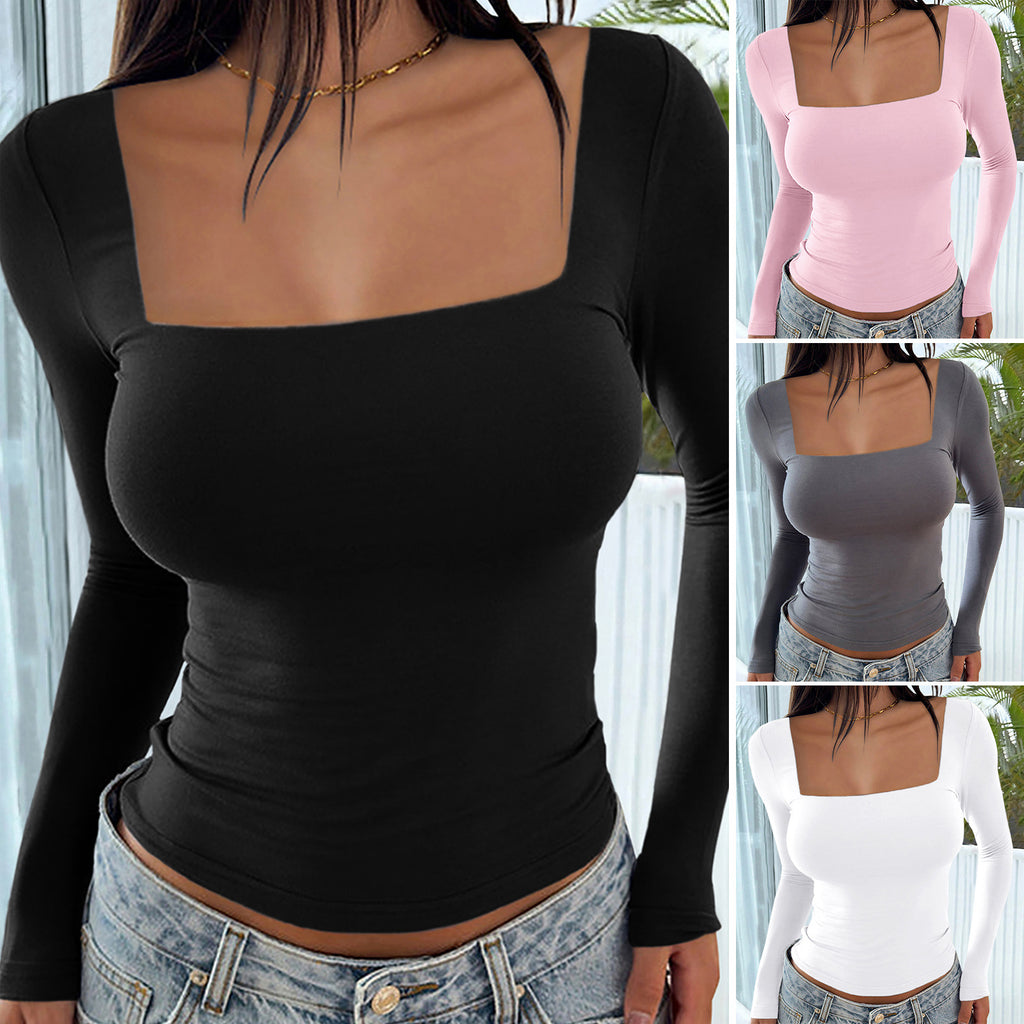 Damen figurbetontes Langarmshirt mit quadratischem Ausschnitt und Raffung WW