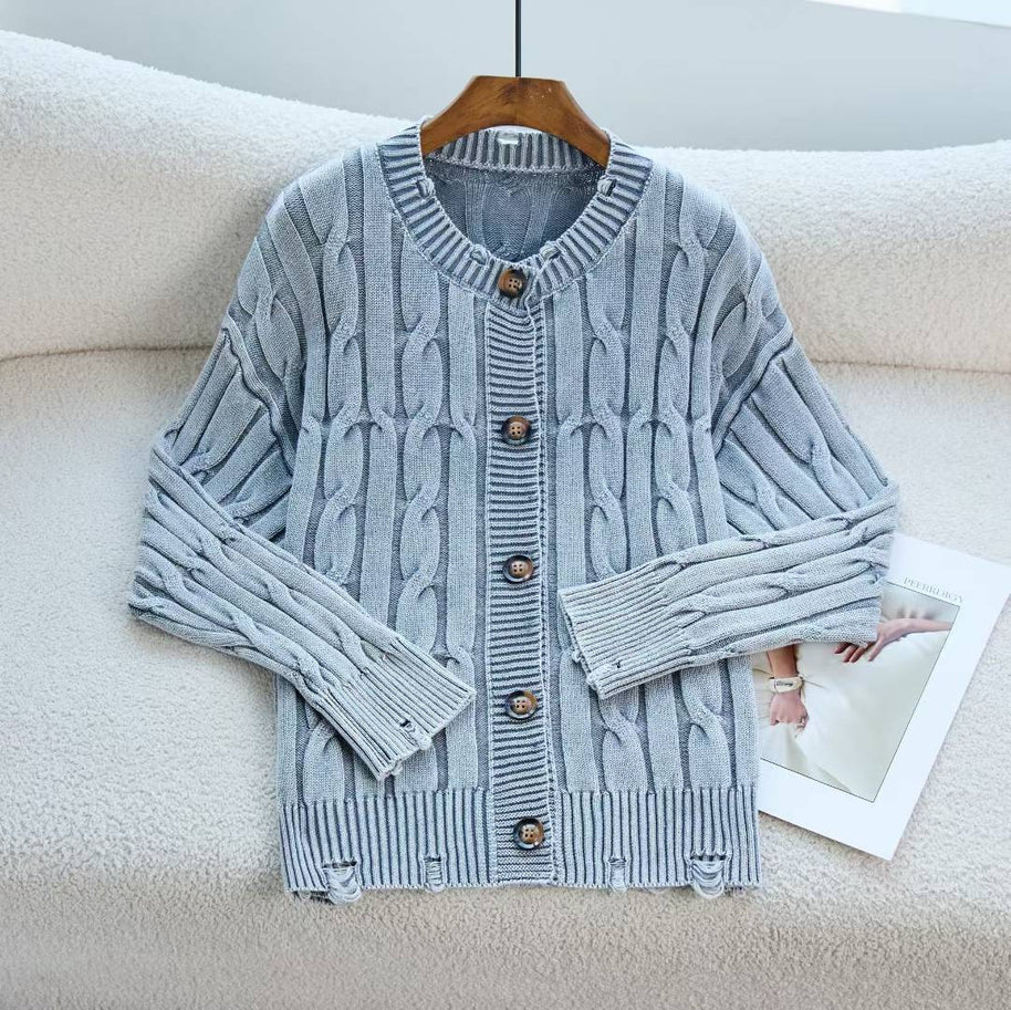 Damen Strickjacke mit strukturiertem Zopfmuster und eleganten Holzknöpfen WW