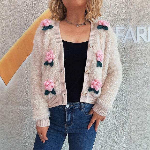Damen Strickjacke mit floralen Applikationen und weichem Material WW