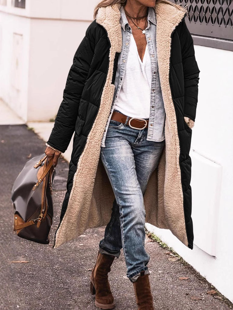 Damen lange Steppjacke mit kuscheligem Teddyfutter und großem Revers WW