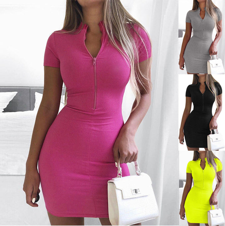 Damen figurbetontes Kleid mit Reißverschluss und kurzem Ärmel W&W Mode