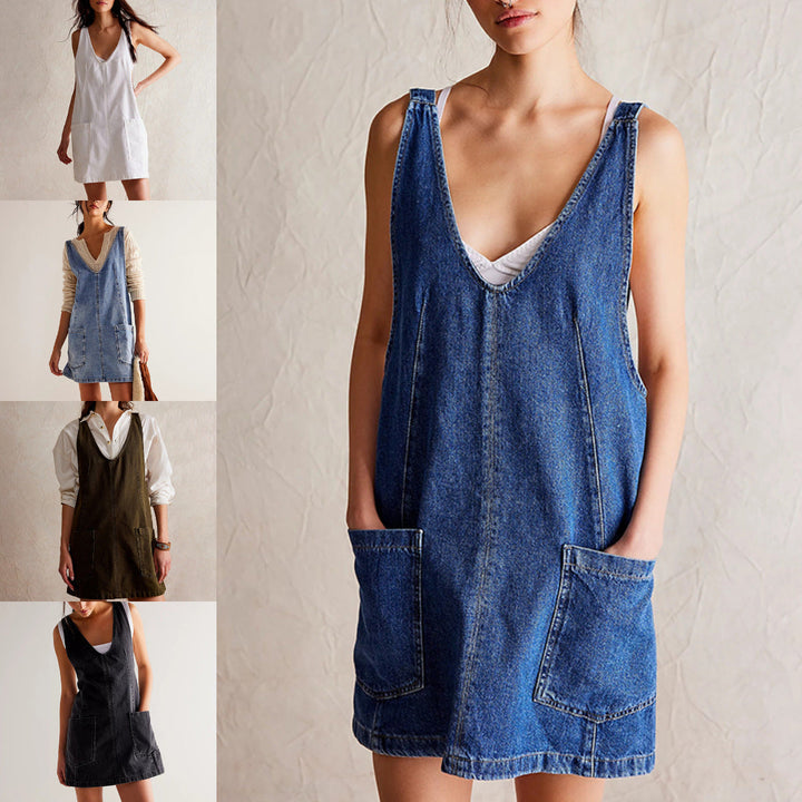 W&W Mode | Denim Träger Pocket Verstellbares Mini Kleid