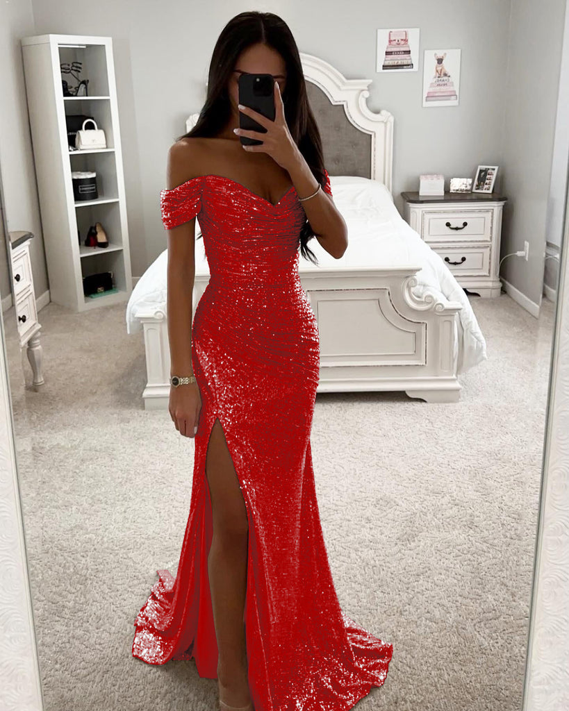 Damen Glitzerndes Abendkleid mit schulterfreiem Design und hohem Schlitz WW