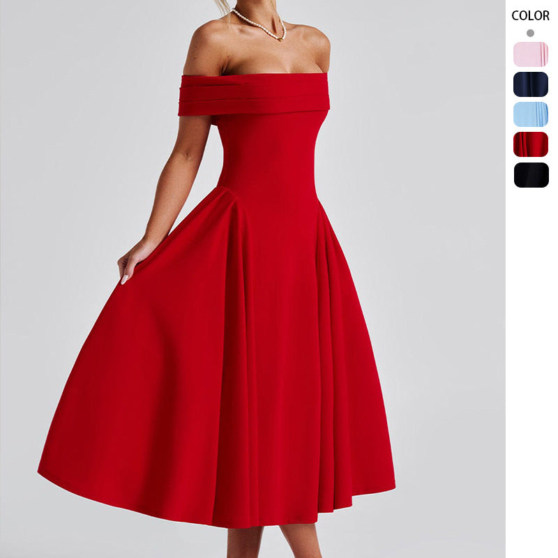 Damen elegantes Abendkleid mit schulterfreiem Design und voluminösem Rock WW