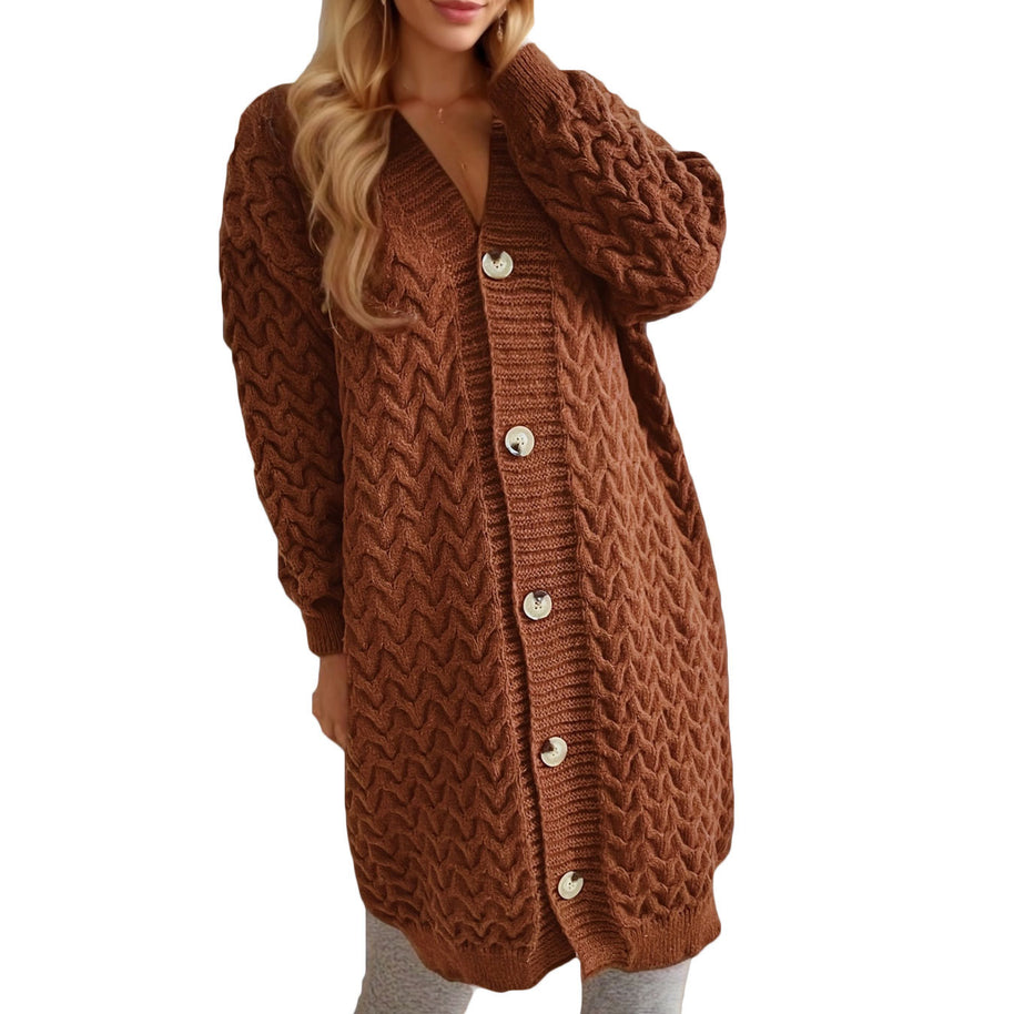Damen Strickjacke mit strukturierter Zopfstrickoptik und dekorativen Knopfdetails WW