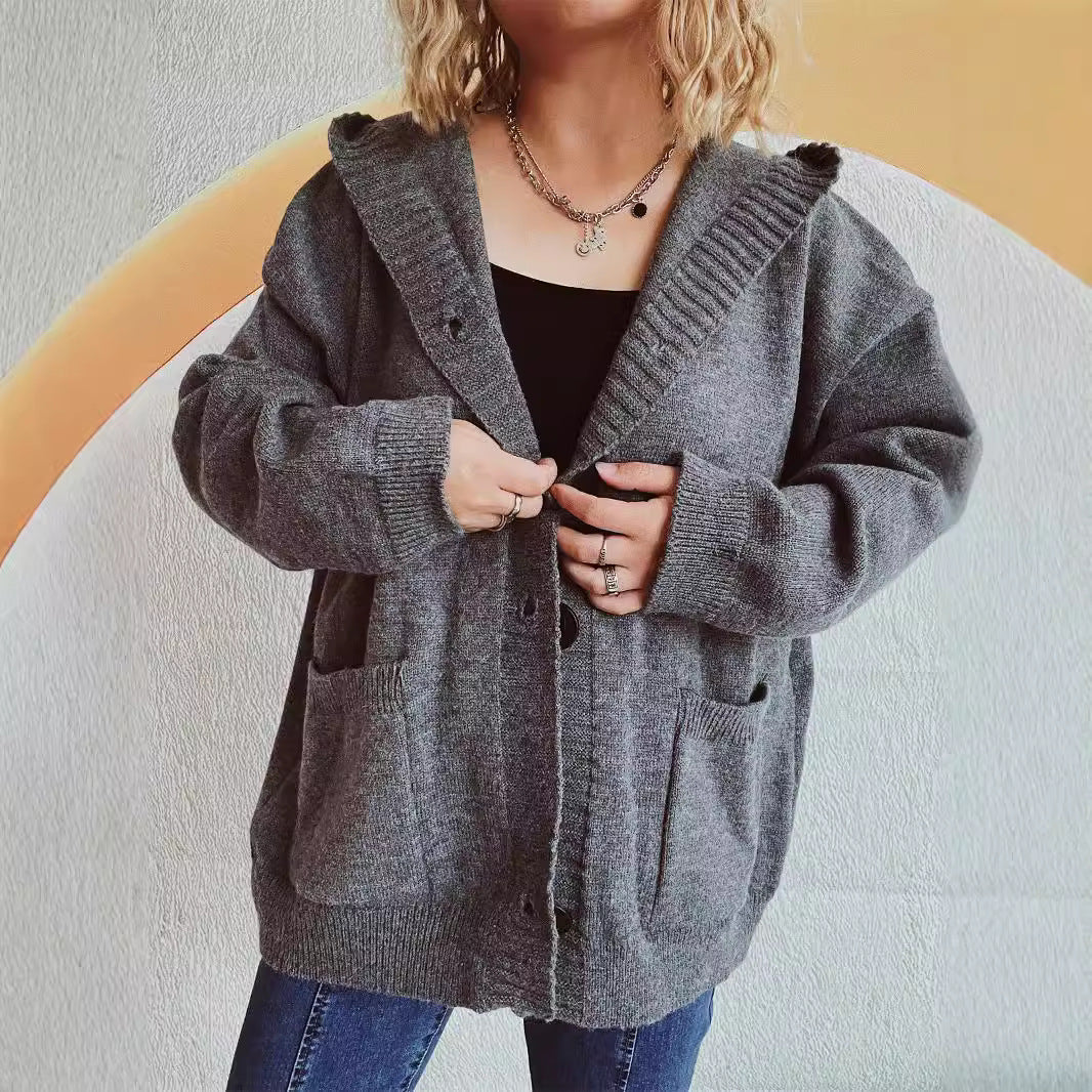 Damen bequeme Strickjacke mit Kapuze und praktischen Taschen WW