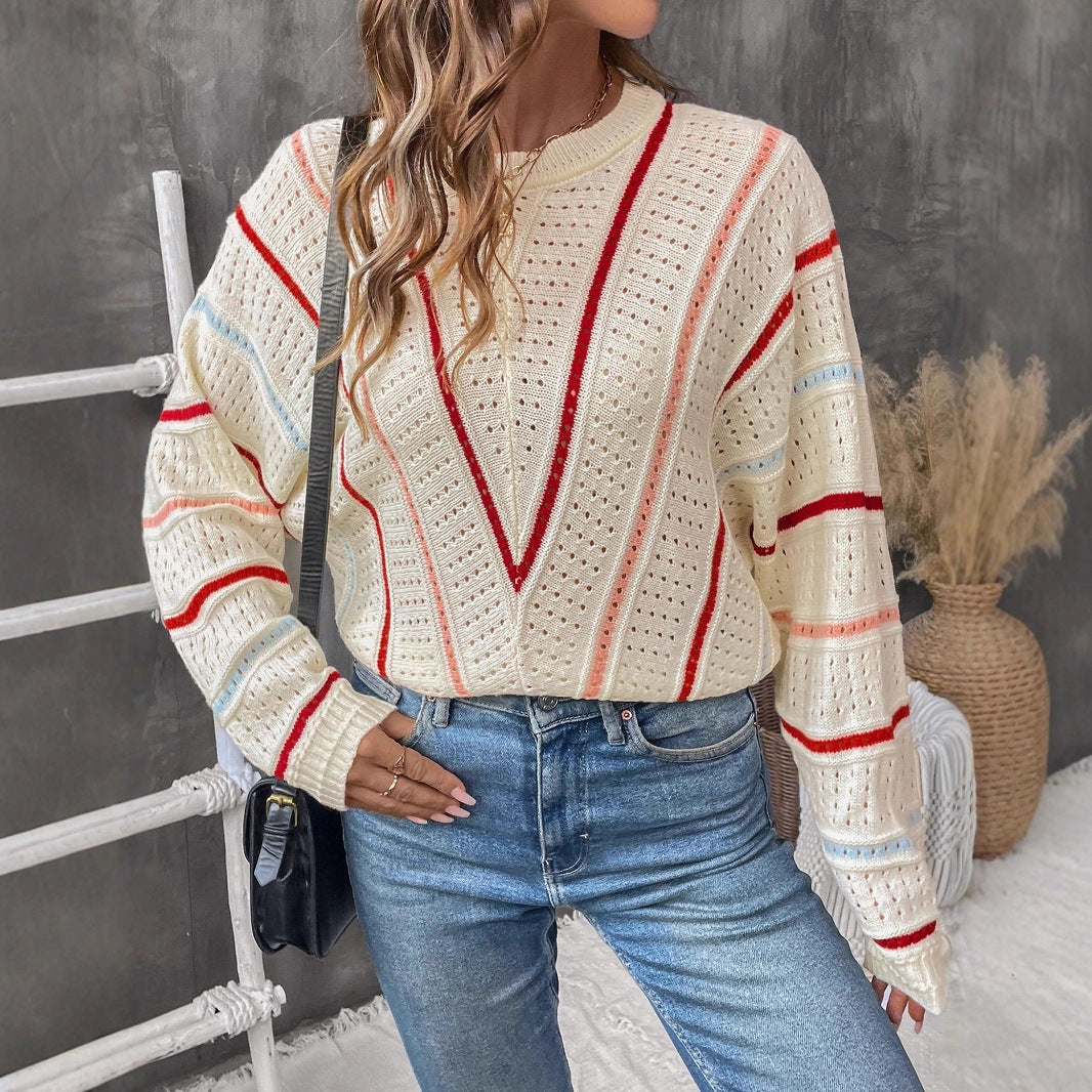 Damen Strickpullover mit modernem Lochmuster und dekorativen Streifen WW