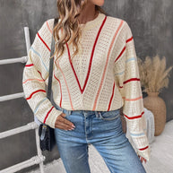 Damen Strickpullover mit modernem Lochmuster und dekorativen Streifen WW