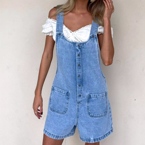 Damen Denim-Latzhose mit praktischen Taschen und knöpfbarem Design W&W Mode