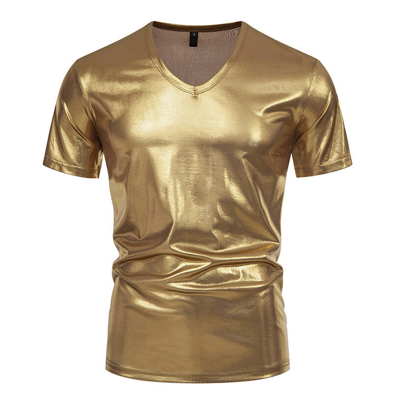 Herren Glänzendes Metallisches V-Ausschnitt T-Shirt WW